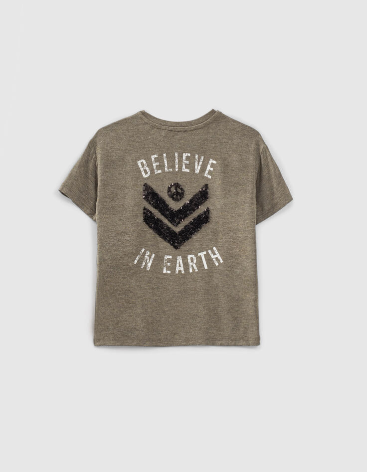 Girls&rsquo; khaki T-shirt with slogan on front and back-2
