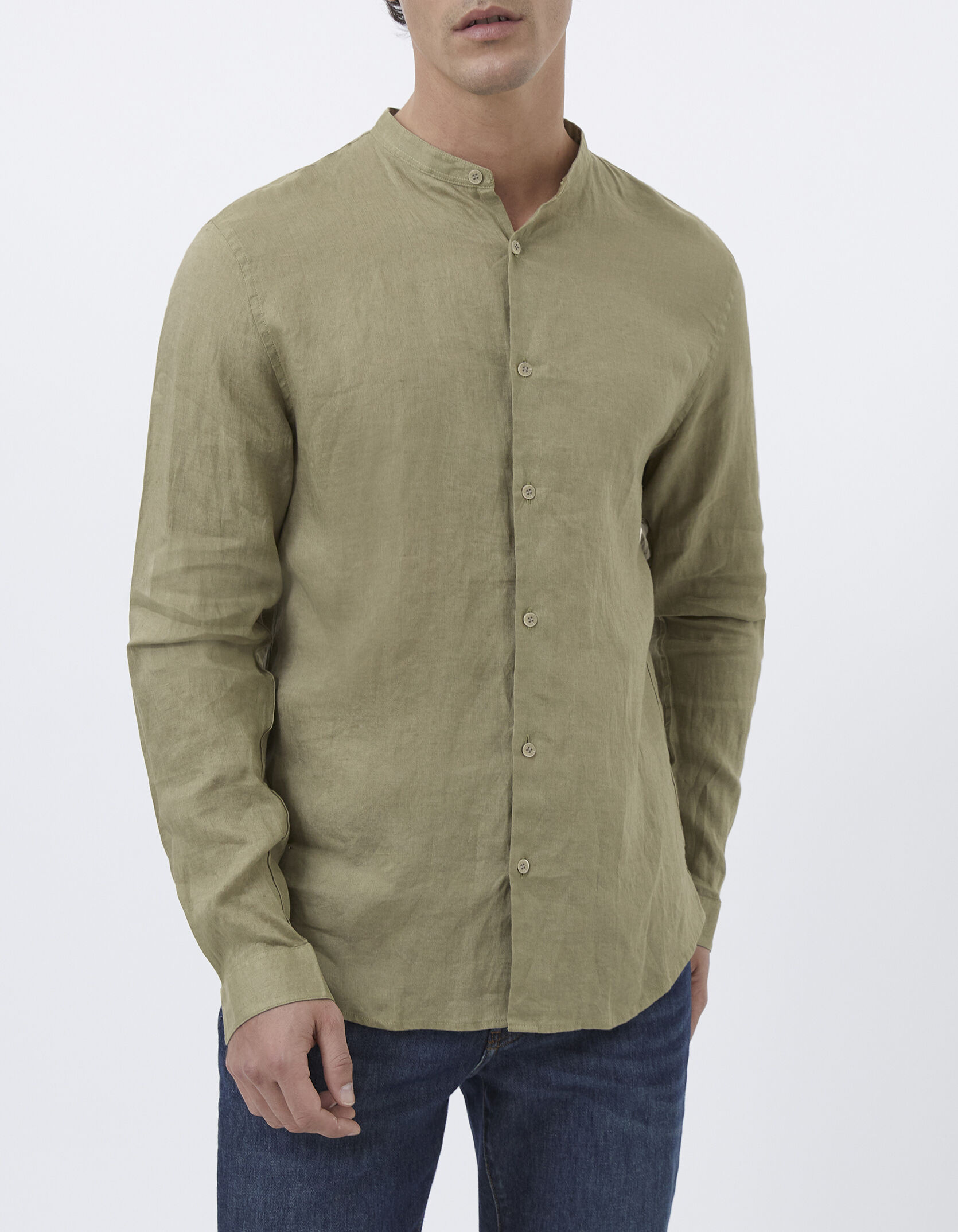 Camisa REGULAR caqui stone lino cuello Mao Hombre IKKS