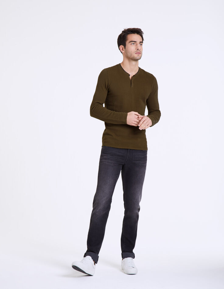 Pull kaki en maille reliefée avec col tunisien Homme-6