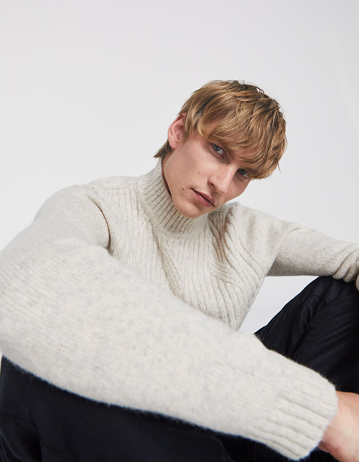 Men’s ivory textured knit high neck sweater-3 Men’s ivory textured knit high neck sweater-3