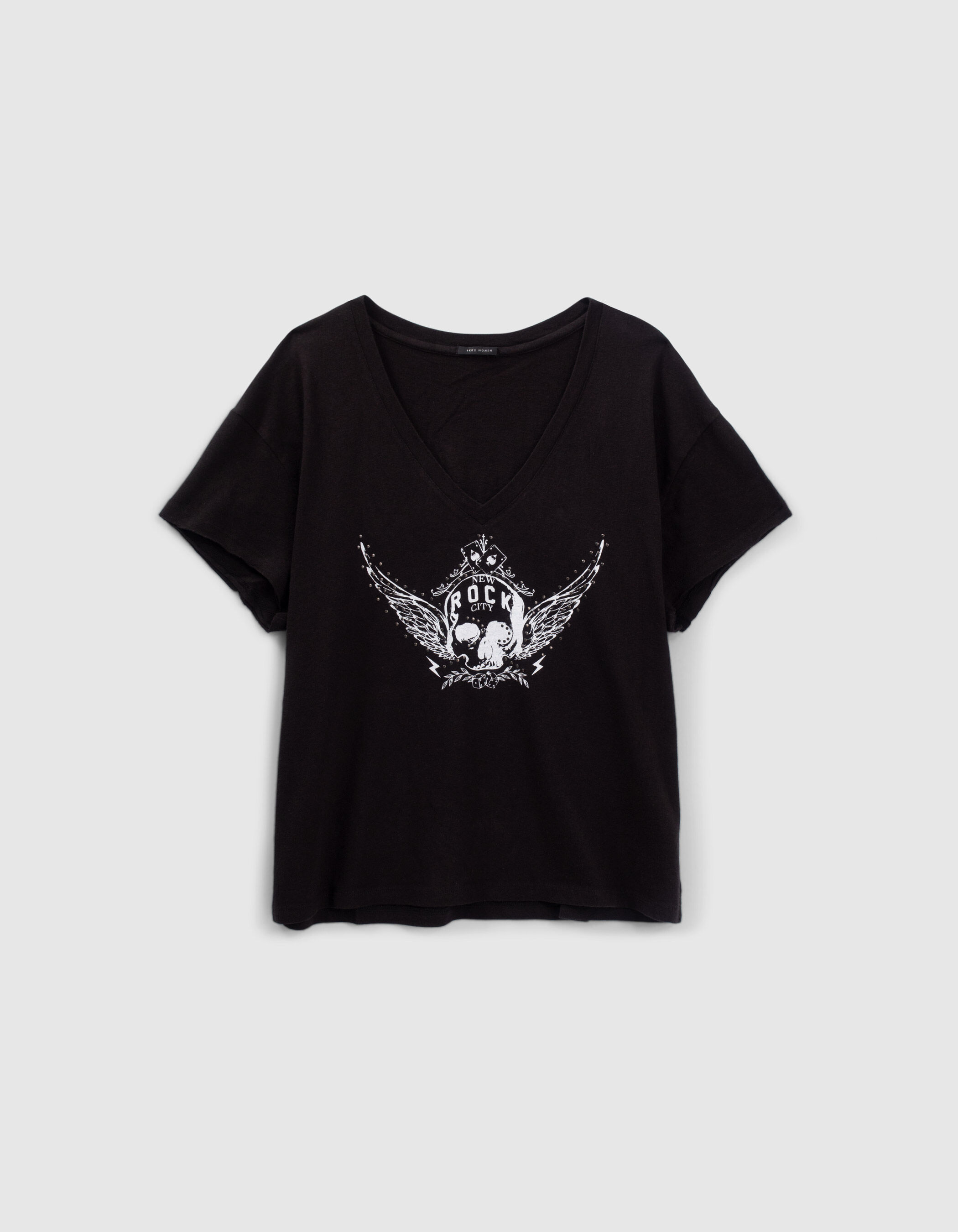 Camiseta negra calavera alada mujer