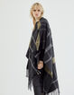 Women’s black checked fringed poncho-5