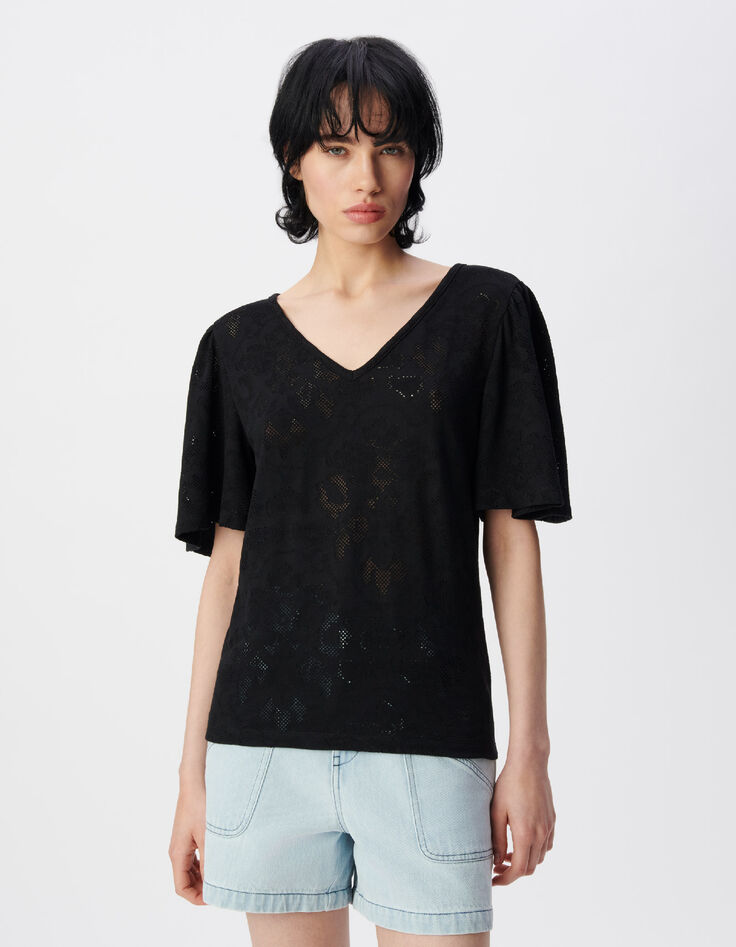 Tee-shirt manches courtes noir ajour&eacute; Femme-4