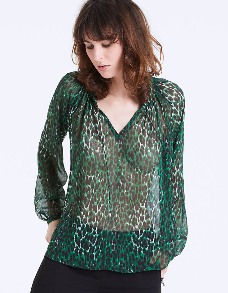 Blusa de gasa estampado leopardo verde mujer-2