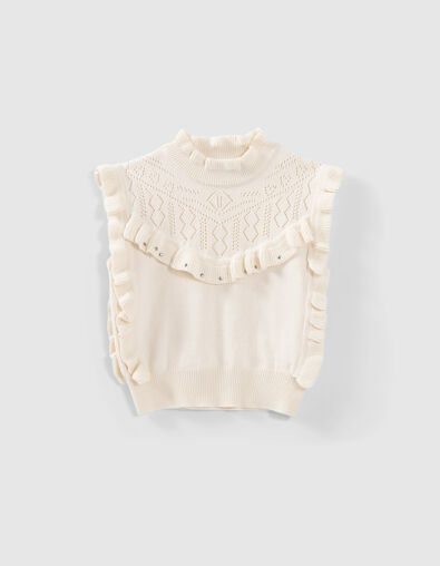 Pull écru tricot volants sans manches fille - IKKS