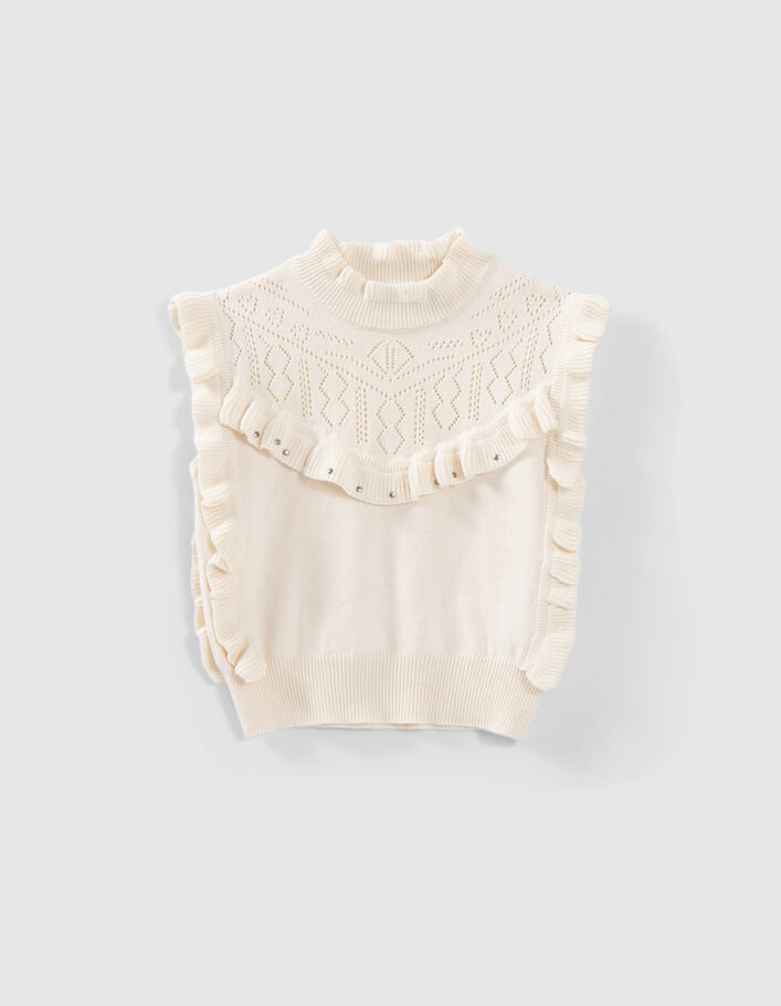 Girls' ecru knit ruffled sleeveless sweater - IKKS