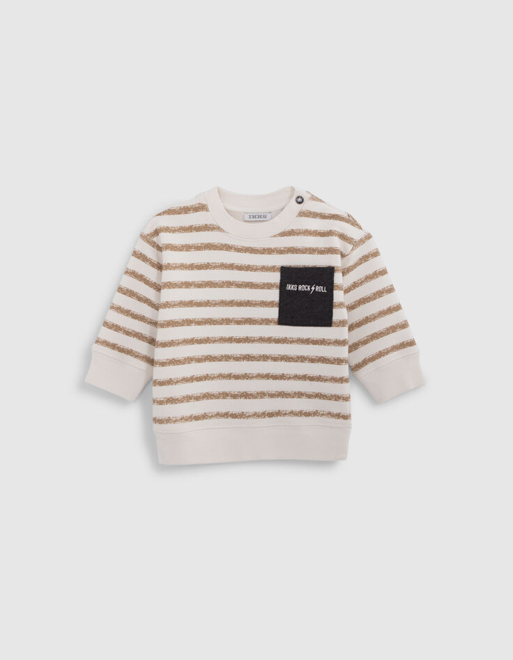 Sweat écru rayé camel poche grise brodée bébé garçon-1