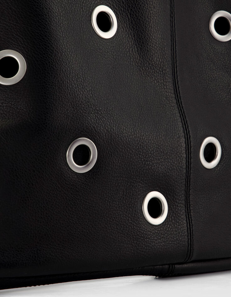 Black leather Hobo bag maxi eyelet design Size L Women-4