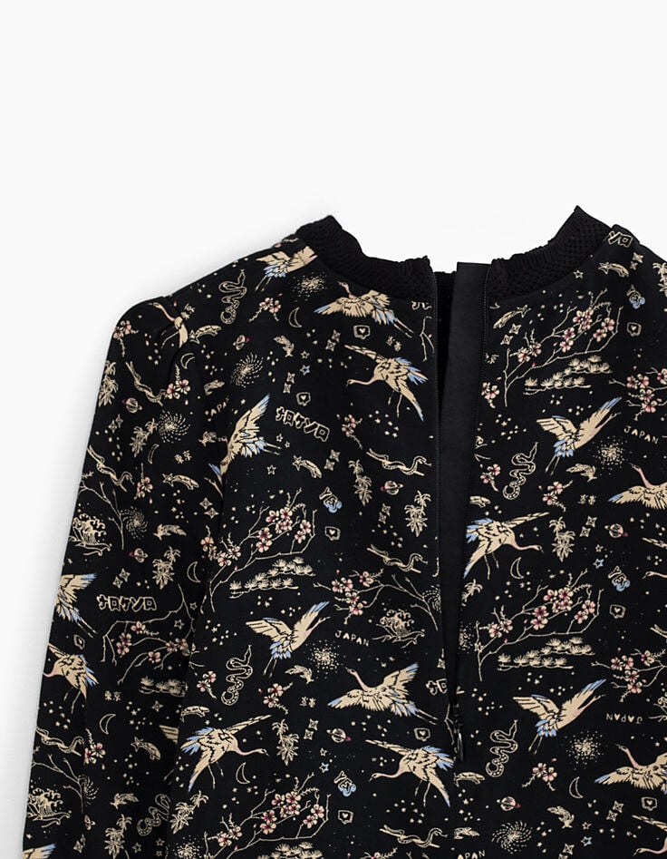 Blouse noire imprimé Sakura et grues sacrées fille-4 Blouse noire imprimé Sakura et grues sacrées fille-4