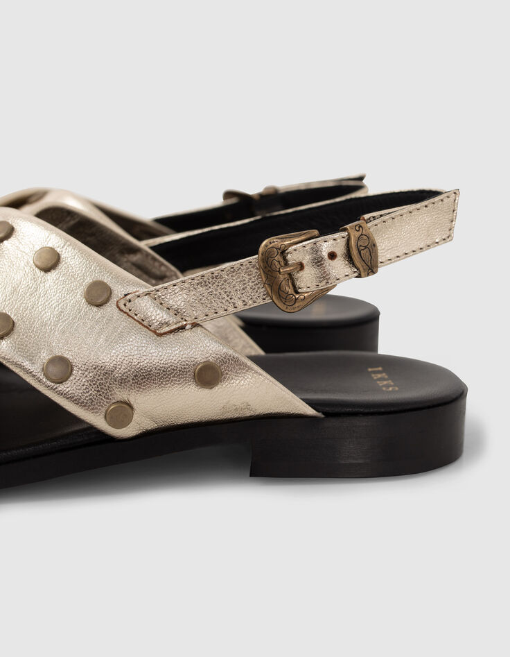 Sandales plates cuir dor&eacute; d&eacute;cor clous Femme-5