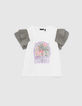 Girls’ off-white T-shirt, palm trees and ruffled sleeves-1