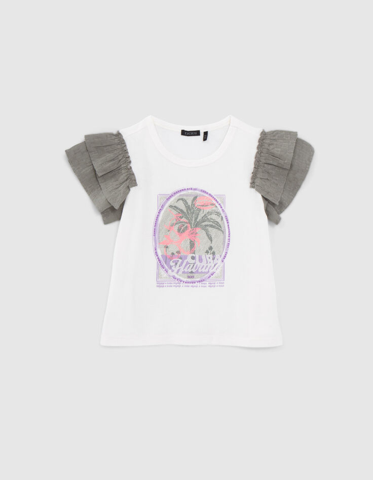 Girls’ off-white T-shirt, palm trees and ruffled sleeves-1