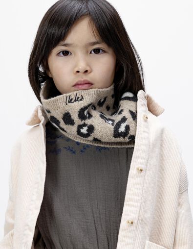 Girls’ beige knit snood with leopard motif - IKKS