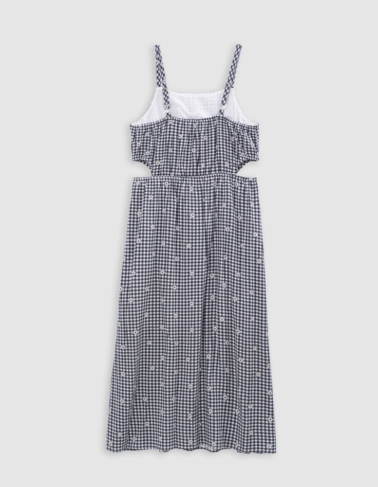 Vestido mido negro estampado Vichy y flores niña-6