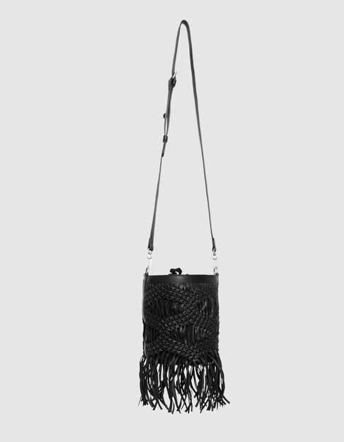 Sac Seau noir cuir façon macramé frangé  - IKKS