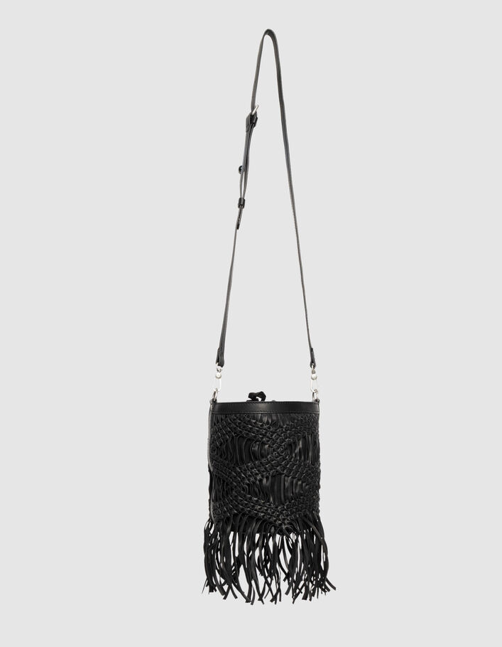 Black leather macramé-style fringed bucket bag