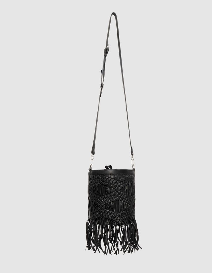 Black leather macramé-style fringed bucket bag-1 Black leather macramé-style fringed bucket bag-1