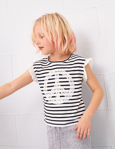 Tee-shirt blanc cassé rayé noir détails dentelle fille - IKKS