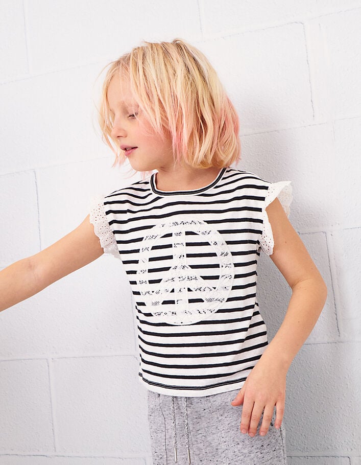 Girls' off-white T-shirt with black stripes and lace - IKKS