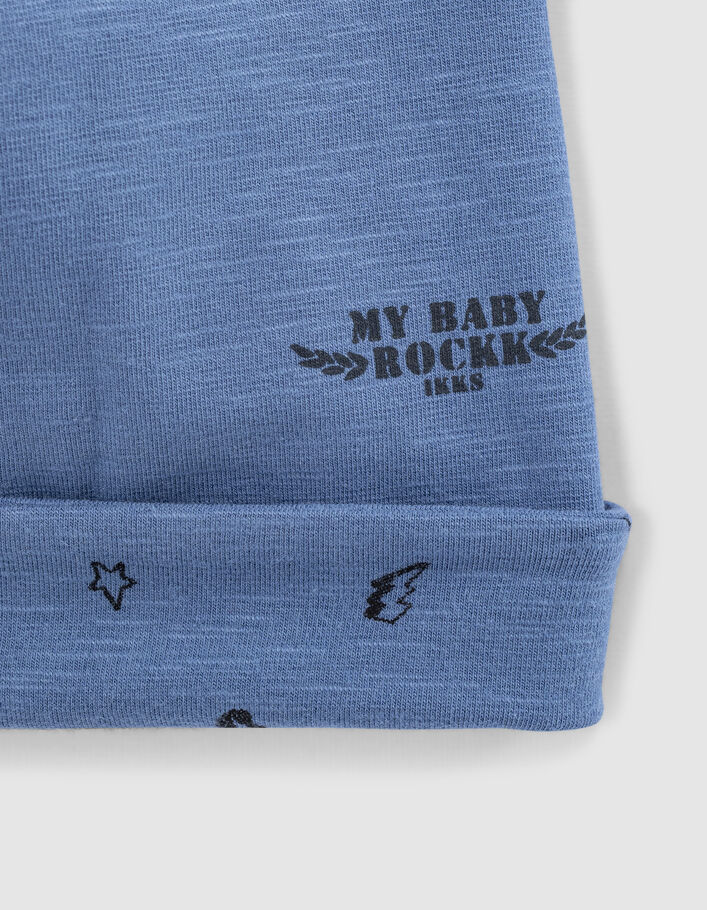 Baby’s blue+rock print organic cotton reversible beanie - IKKS