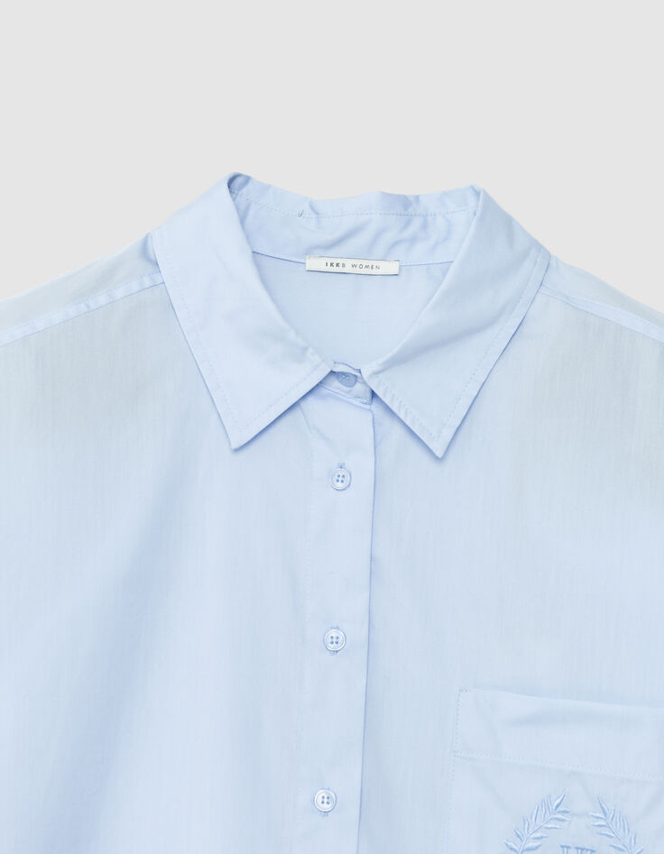 Chemise manches longues bleue oversize broderie Femme-2