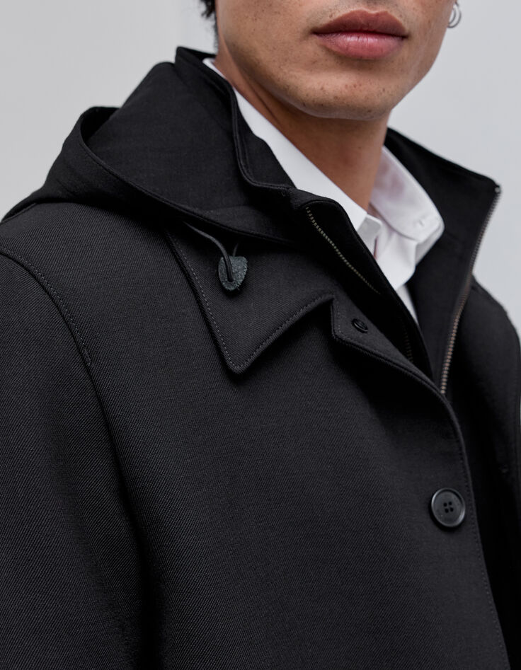 Men&rsquo;s black trench coat with detachable hood facing-6