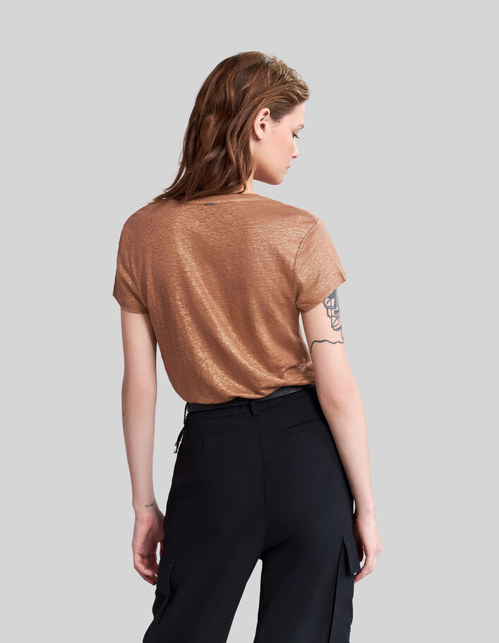 Women's camel foil linen V-neck T-shirt-2