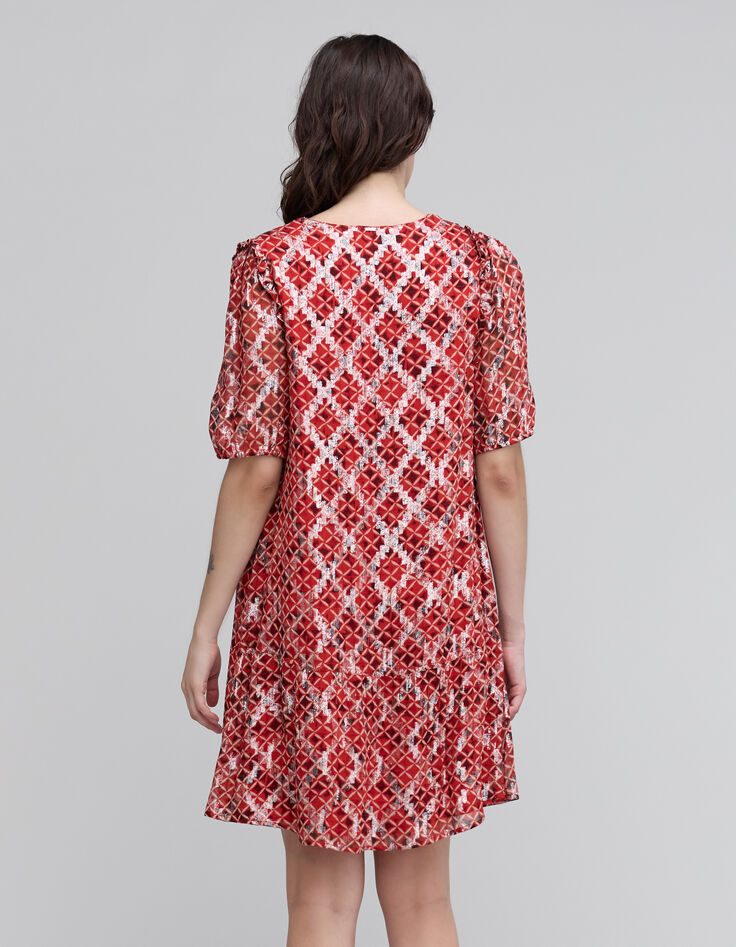 Robe courte en voile rouge imprimé Trellis femme-3 Robe courte en voile rouge imprimé Trellis femme-3