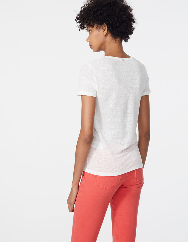Tee-shirt en lin blanc visuel palmiers et papillon femme-3