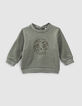 Sweat kaki clair brodé skull en molleton bio bébé-1