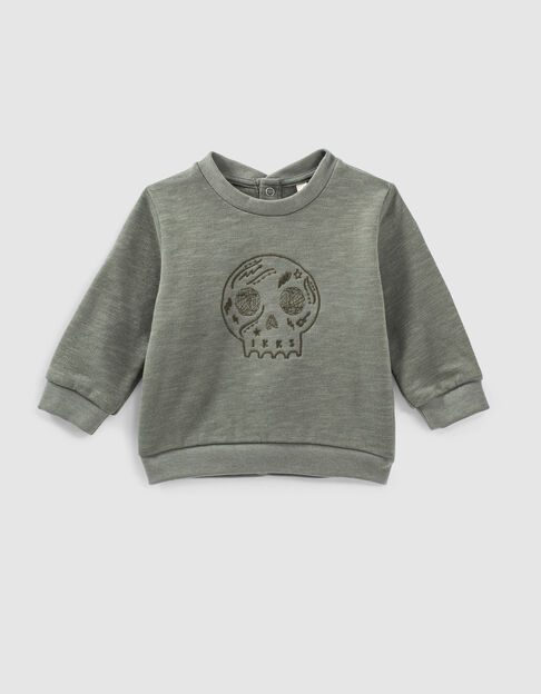 Hell khaki Babysweatshirt aus Biosweatstoff mit Totenkopf