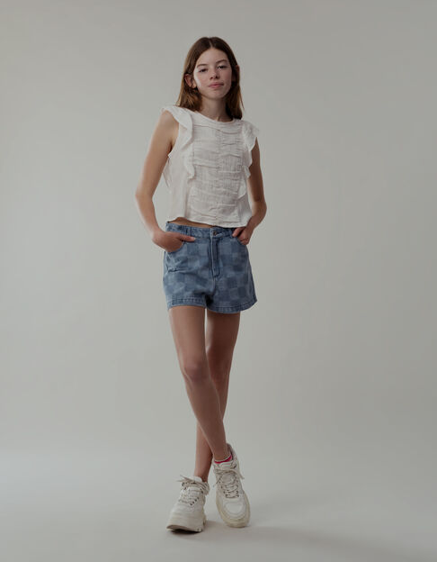 Ecru Mädchenbluse mit Drapierung und Rüschen - IKKS