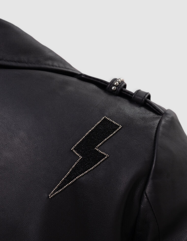 Veste cuir noir esprit motard broderie perle éclair Femme-4