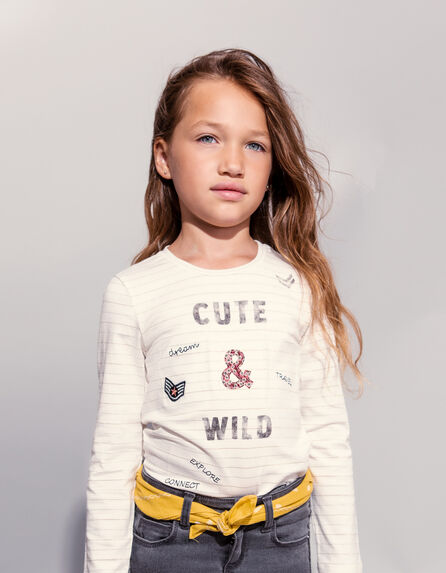 Girls’ ecru organic T-shirt, gold/silver stripes & badges