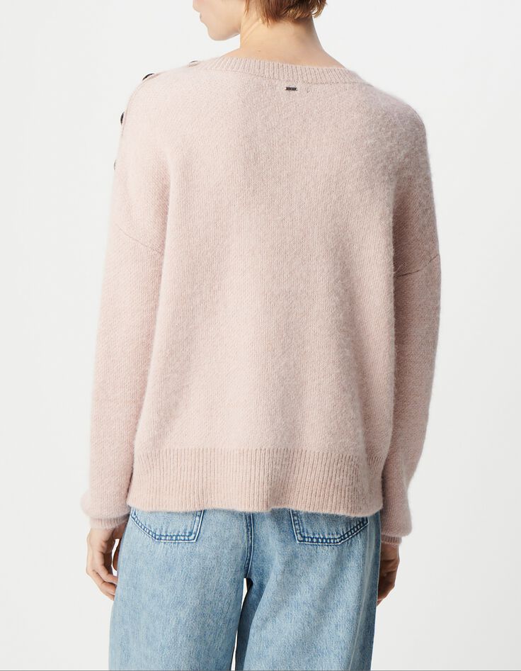 Pull alpaga m&eacute;lang&eacute; rose jacquard message et boutons Femme-3