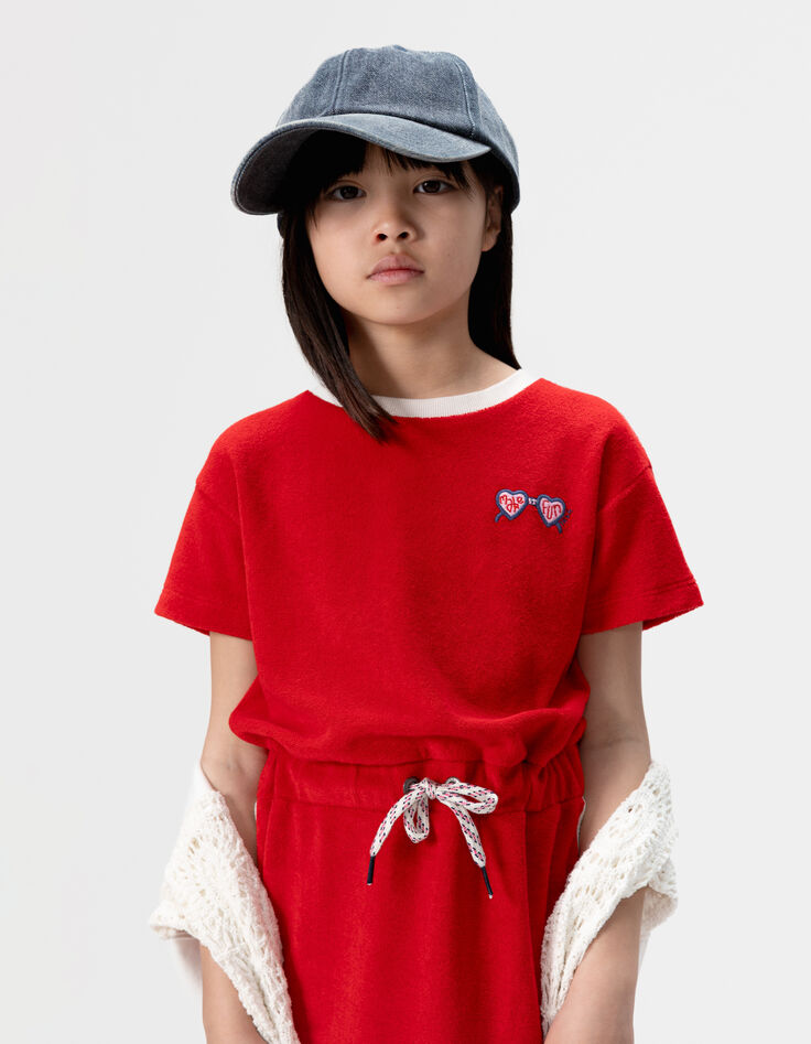 Girls’ red terry cloth dress with drawstring waist-2 Girls’ red terry cloth dress with drawstring waist-2