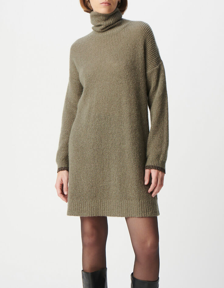 Robe pull kaki tricot côtelé col roulé Femme-3 Robe pull kaki tricot côtelé col roulé Femme-3