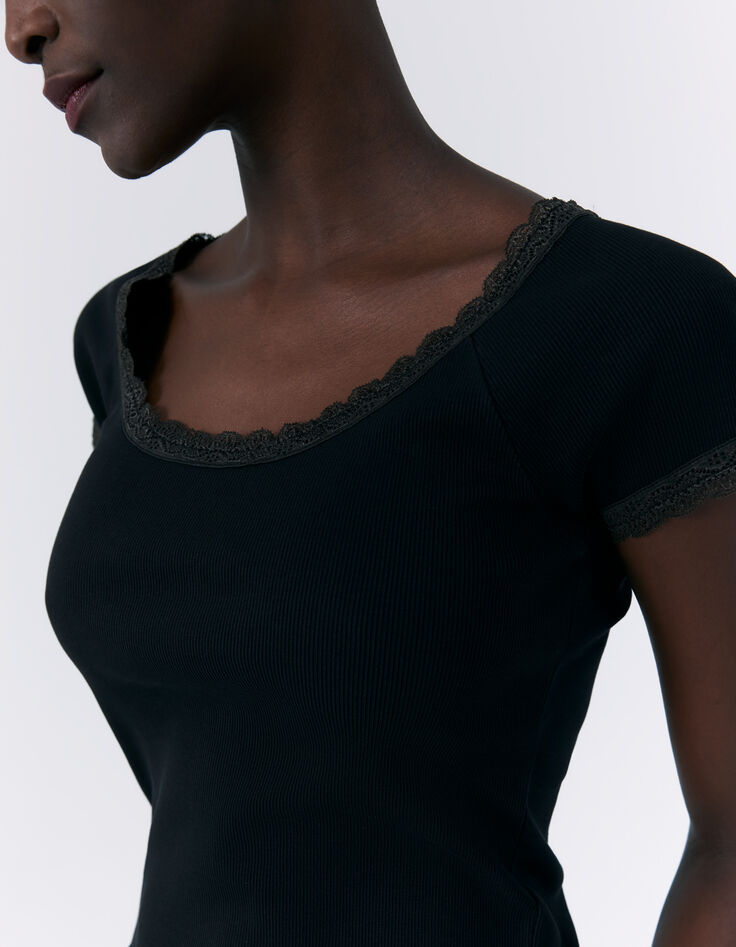 Tee-shirt noir côtelé bord dentelle Femme-2