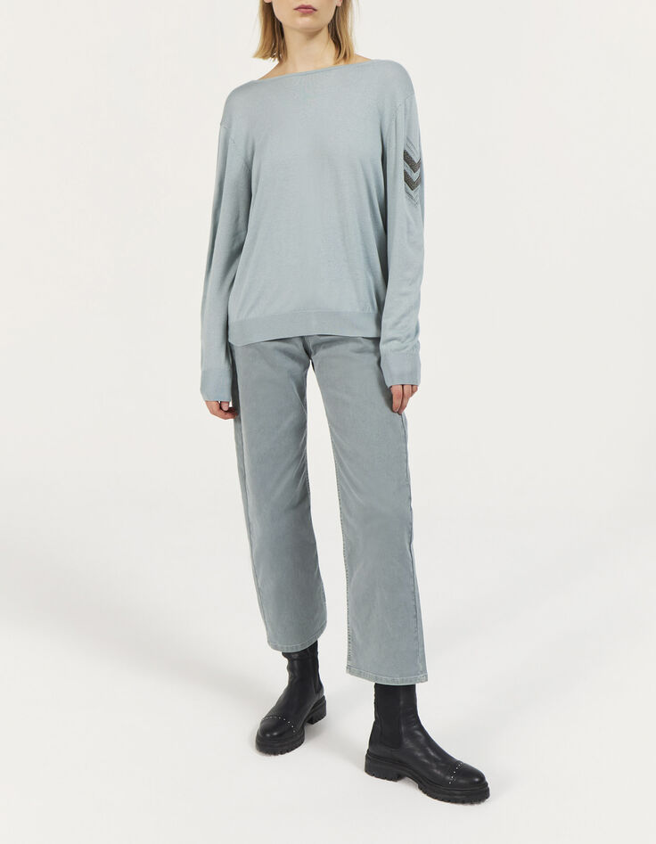 Grüner Damenpullover mit Fischgräten und freiem Rücken-6
