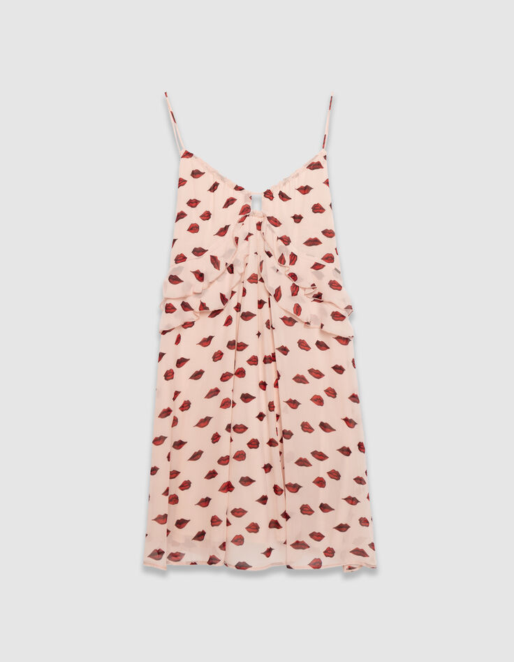 Roze jurk fijne schouderbandjes voile mondprint Dames-5