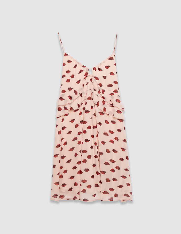 Roze jurk fijne schouderbandjes voile mondprint Dames-5 Roze jurk fijne schouderbandjes voile mondprint Dames-5