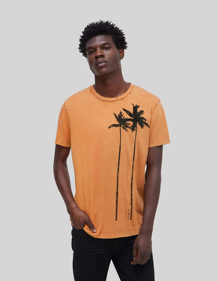 Cognacfarbenes Herren-T-Shirt mit Palmen und Stickerei - IKKS