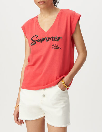 Rood T-shirt V-hals tekst - IKKS