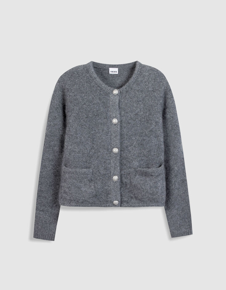 Cardigan gris tricot mousseux 100% laine Femme-6