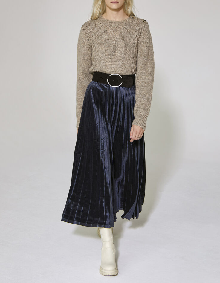 Jupe longue plissée en velours bleu marine femme-1