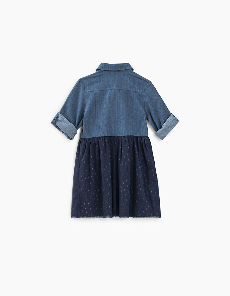 Vestido camisero índigo bi-tejido con tul niña-7