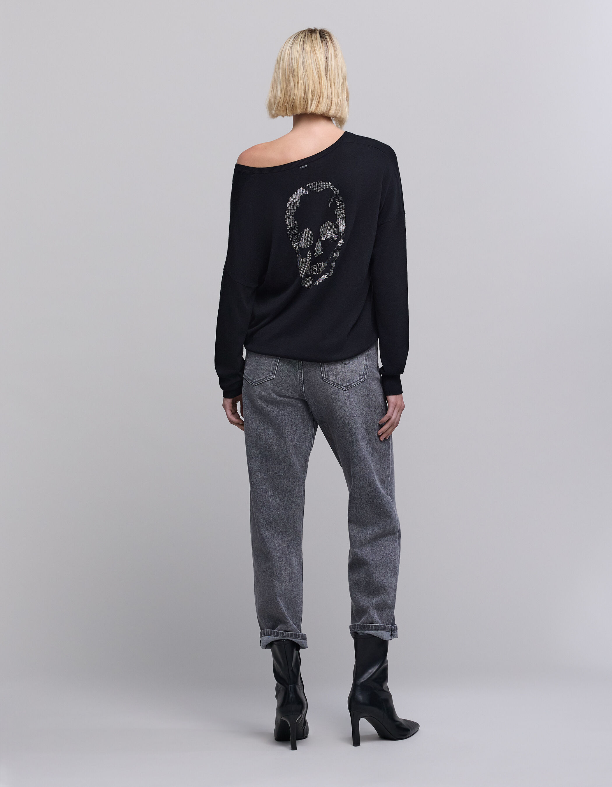 Pull noir tricot tete de mort strass dos Femme IKKS
