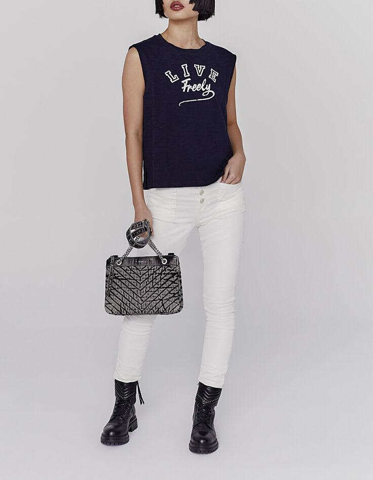 Tee-shirt en coton bleu marine visuel message surf femme-2 Tee-shirt en coton bleu marine visuel message surf femme-2