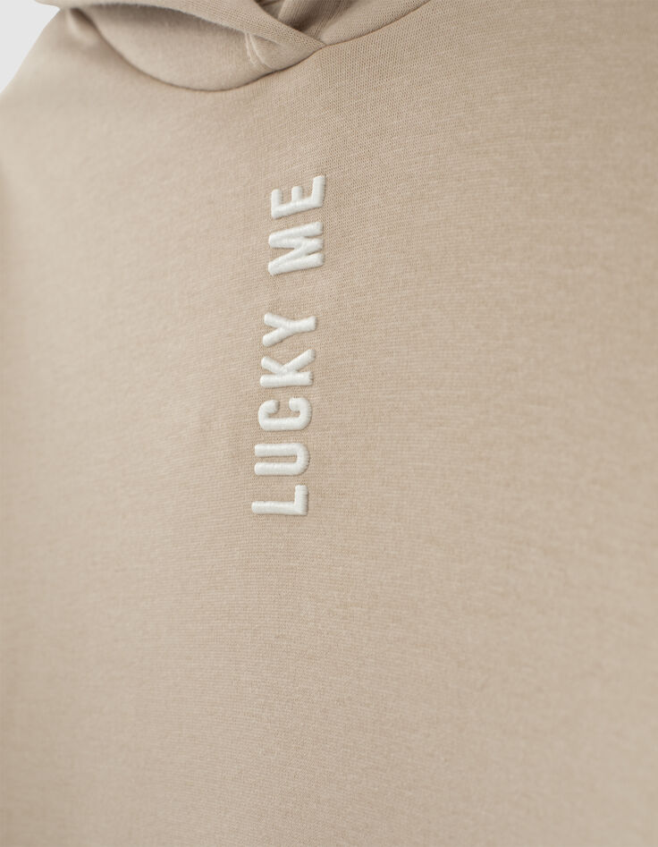Lichtbeige sweater met kap en geborduurde tekst meisjes-5