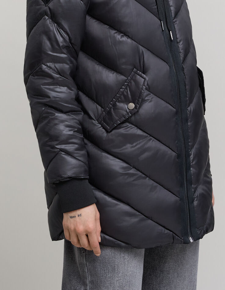 Women’s long light padded jacket+sweatshirt fabric hood-5